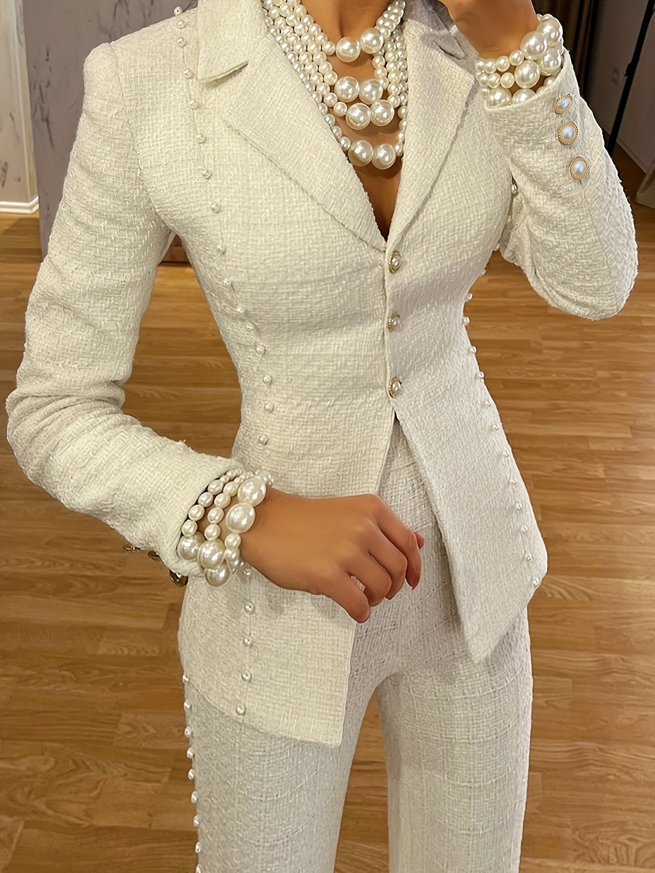 Luxurious Pearl Button Blazer - Chic Open Front, Stretchy Polyester & Spandex Blend, Machine Washable, Versatile for Spring and Fall Seasons, Perfect for Work, Date Night, or Special Occasions